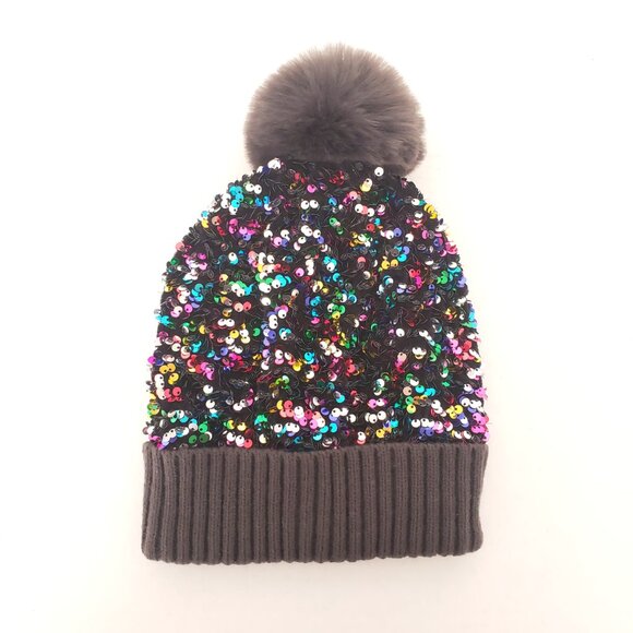 Dull Black Colorful Sequin Winter Beanie Bobble Hat - Picture 7 of 14